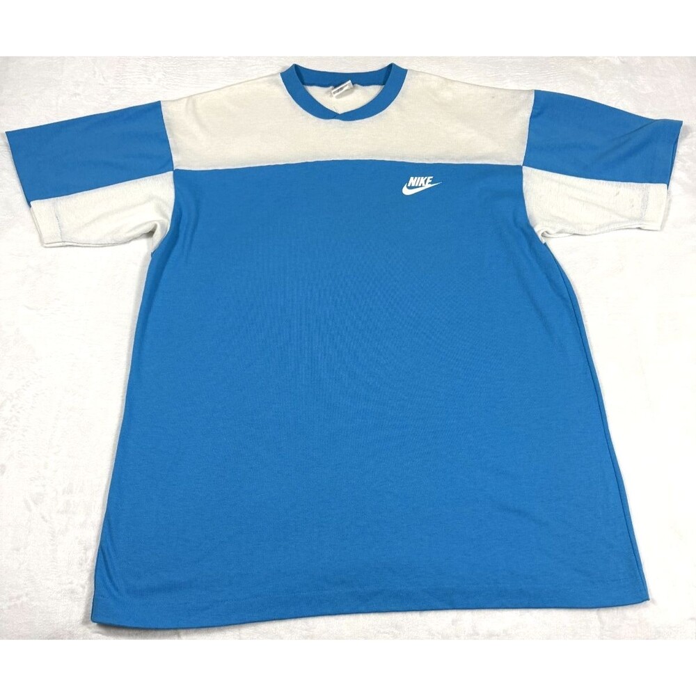 Vintage Nike Color Block T Shirt Men's Large Blue Made in USA Back Graphic Logo